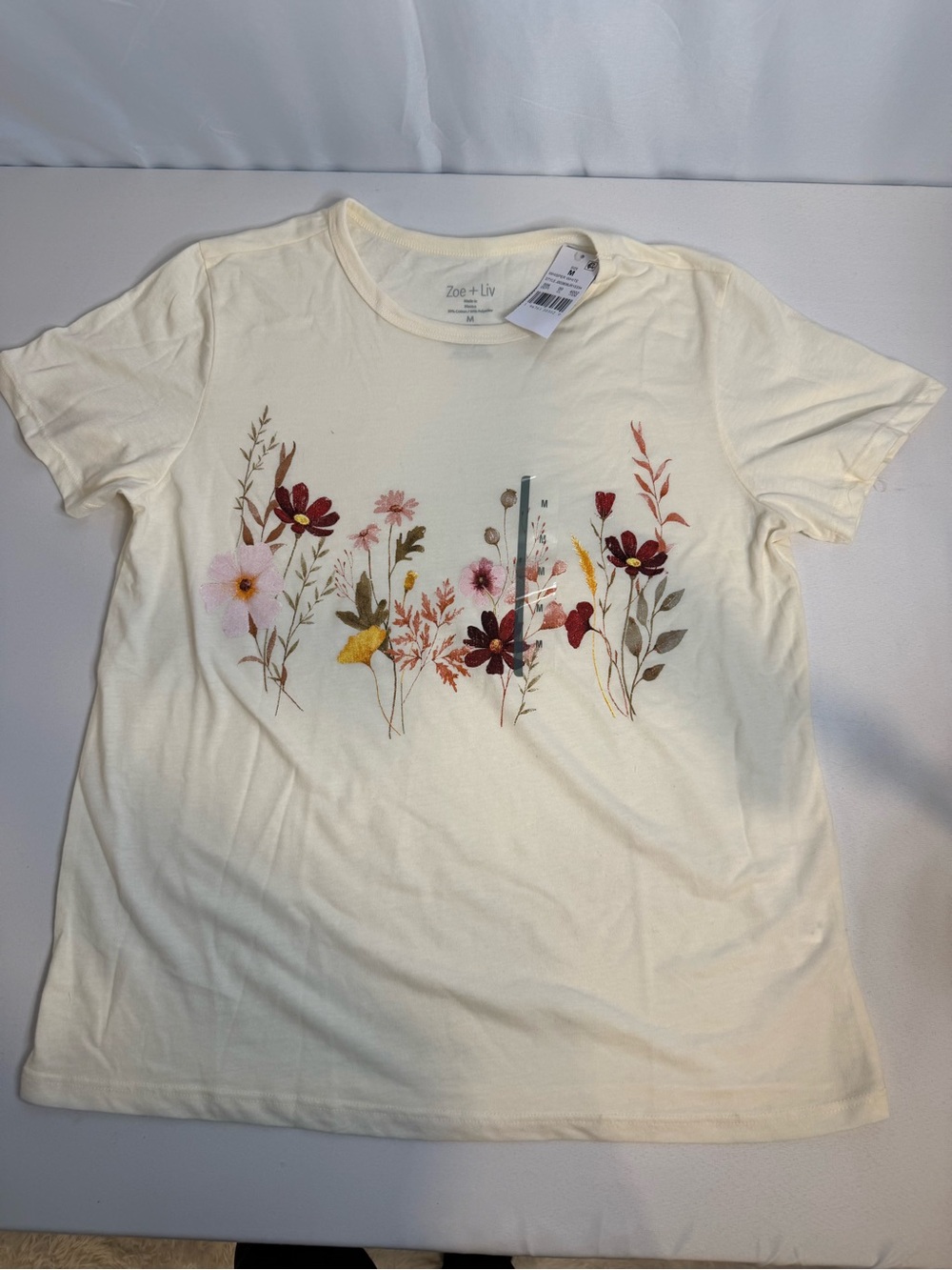 Zoe + Liv Cream Short Sleeve Tee with Multicolor Floral Embroidery